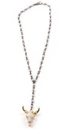 Small Steer Skull Pendant Necklace Glass Bead Chain