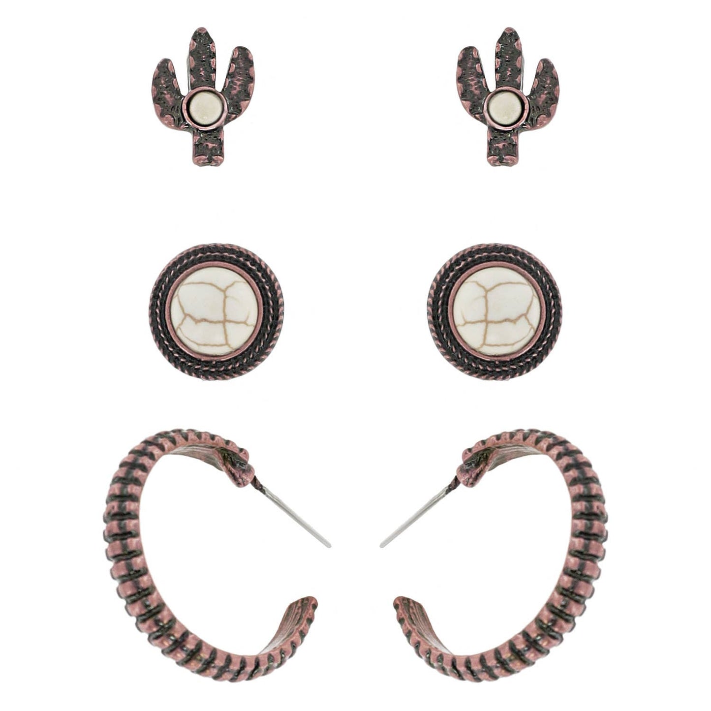 3 Pair Western Semi Stone Cactus Stud & Hoop Earring Set