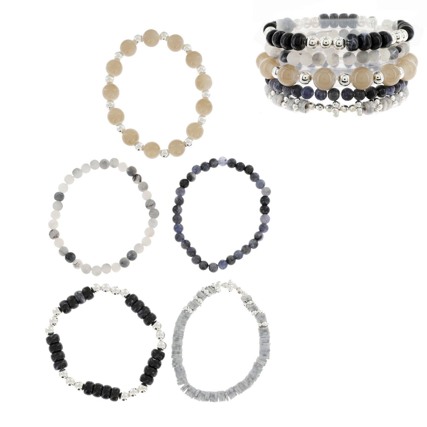 Stackable Bohemian Stretch Beaded 5 Pack Bracelet Set