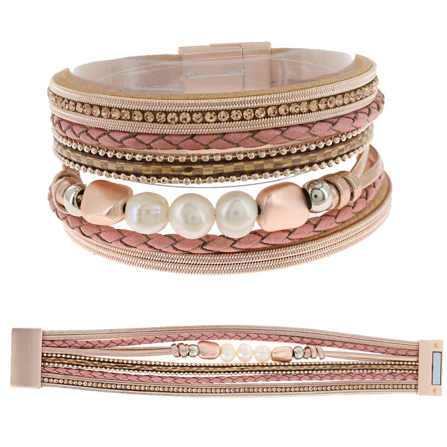 Bohemian Multistrand Pearl Beaded Wide Bangle Bracelet