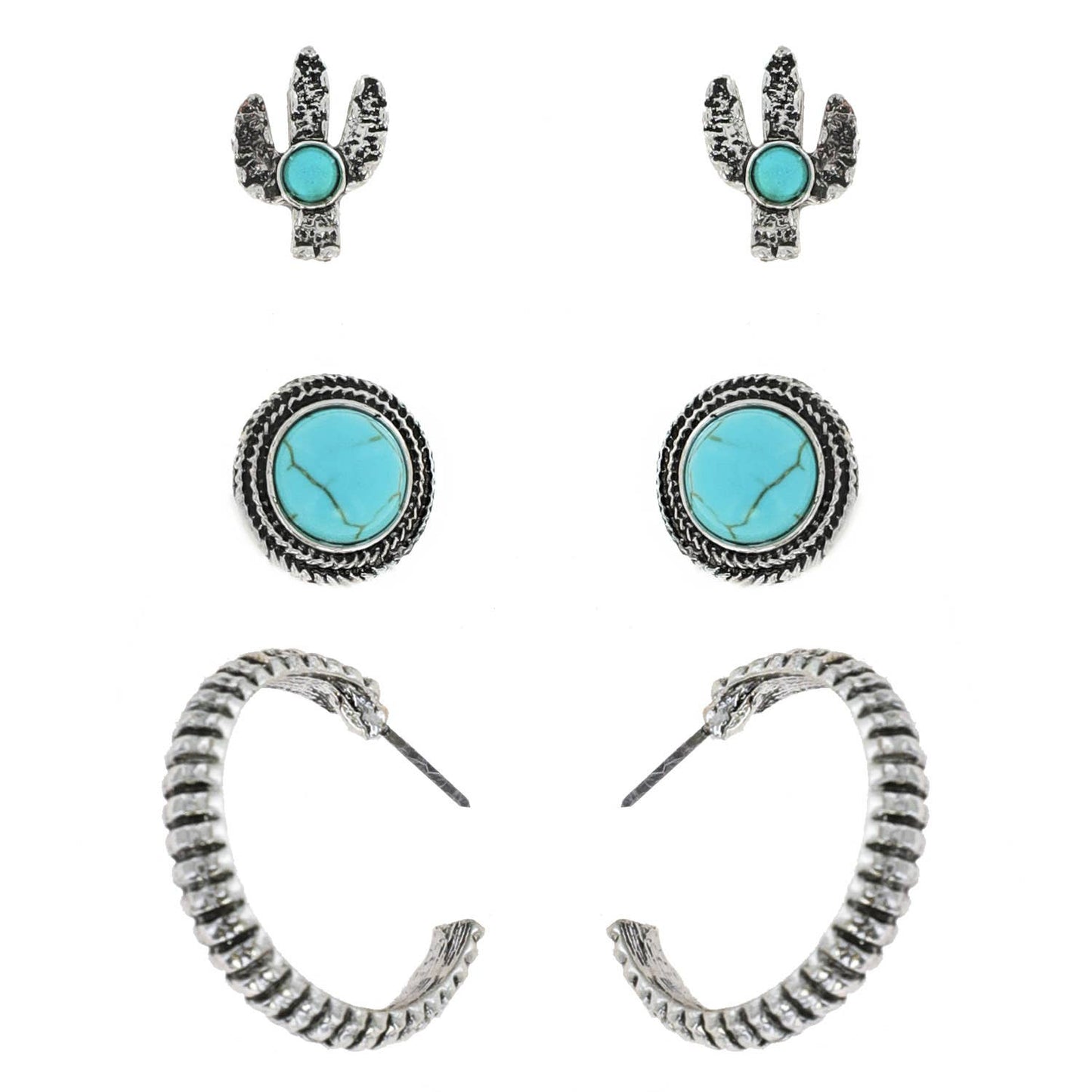 3 Pair Western Semi Stone Cactus Stud & Hoop Earring Set