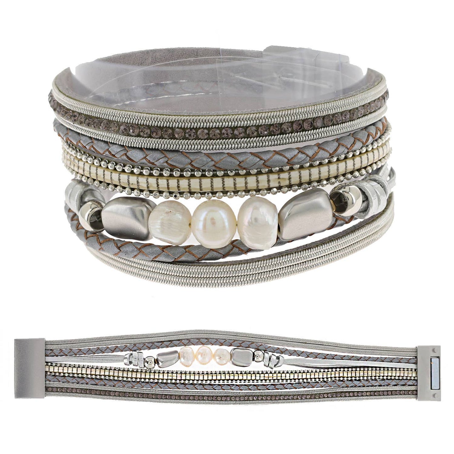 Bohemian Multistrand Pearl Beaded Wide Bangle Bracelet