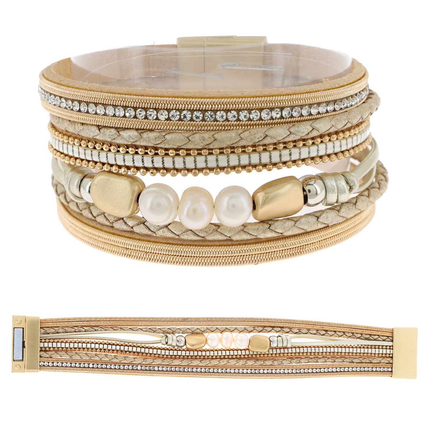 Bohemian Multistrand Pearl Beaded Wide Bangle Bracelet