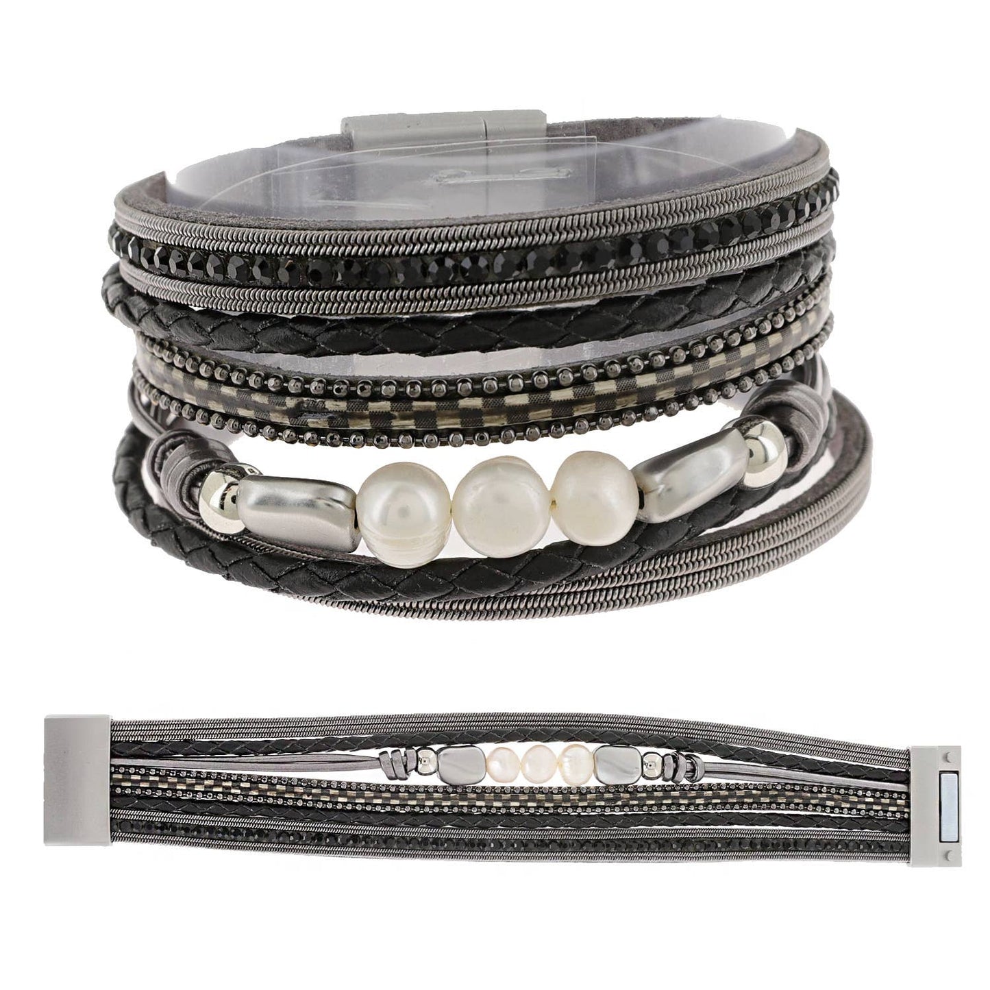 Bohemian Multistrand Pearl Beaded Wide Bangle Bracelet