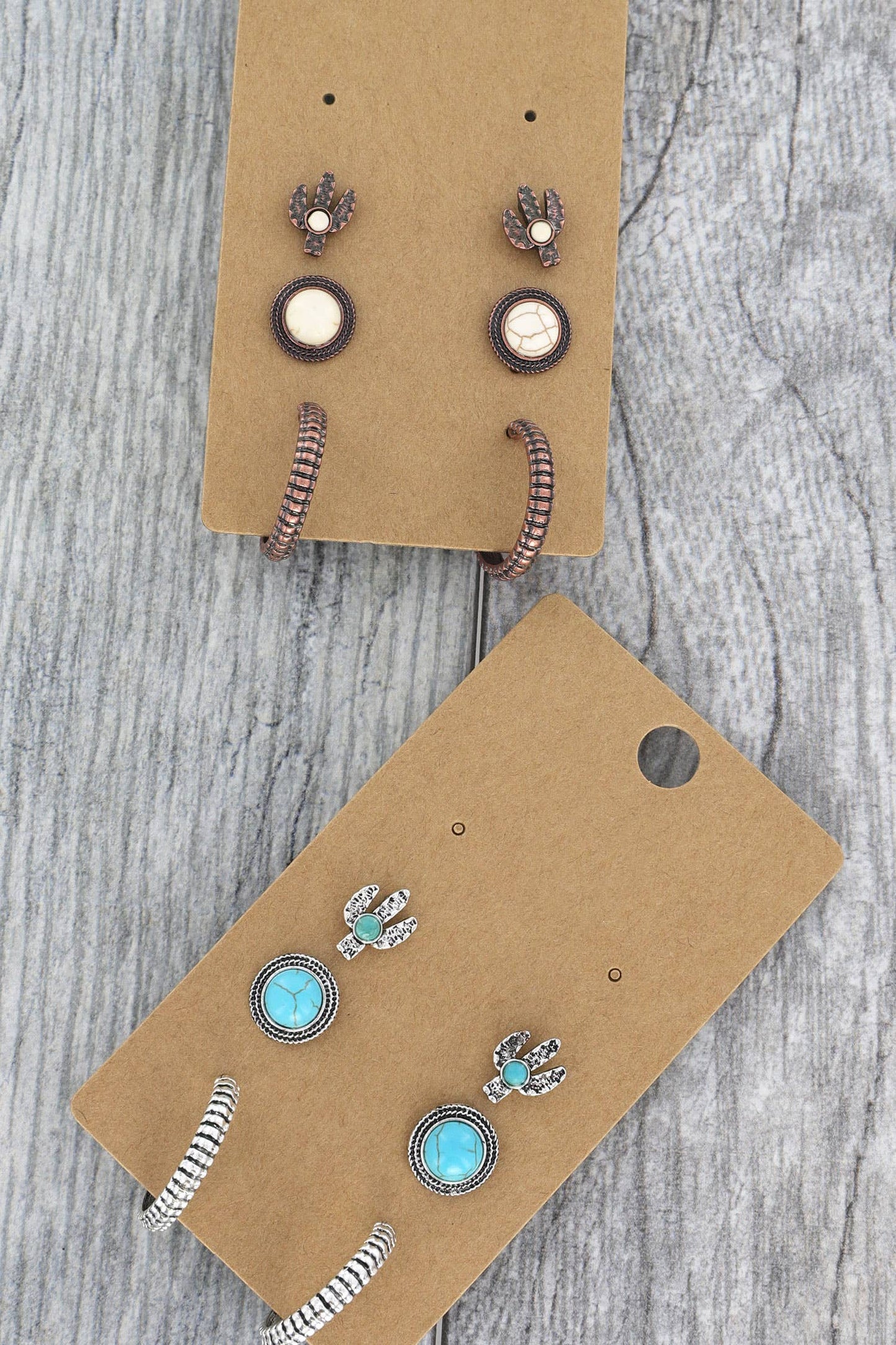 3 Pair Western Semi Stone Cactus Stud & Hoop Earring Set