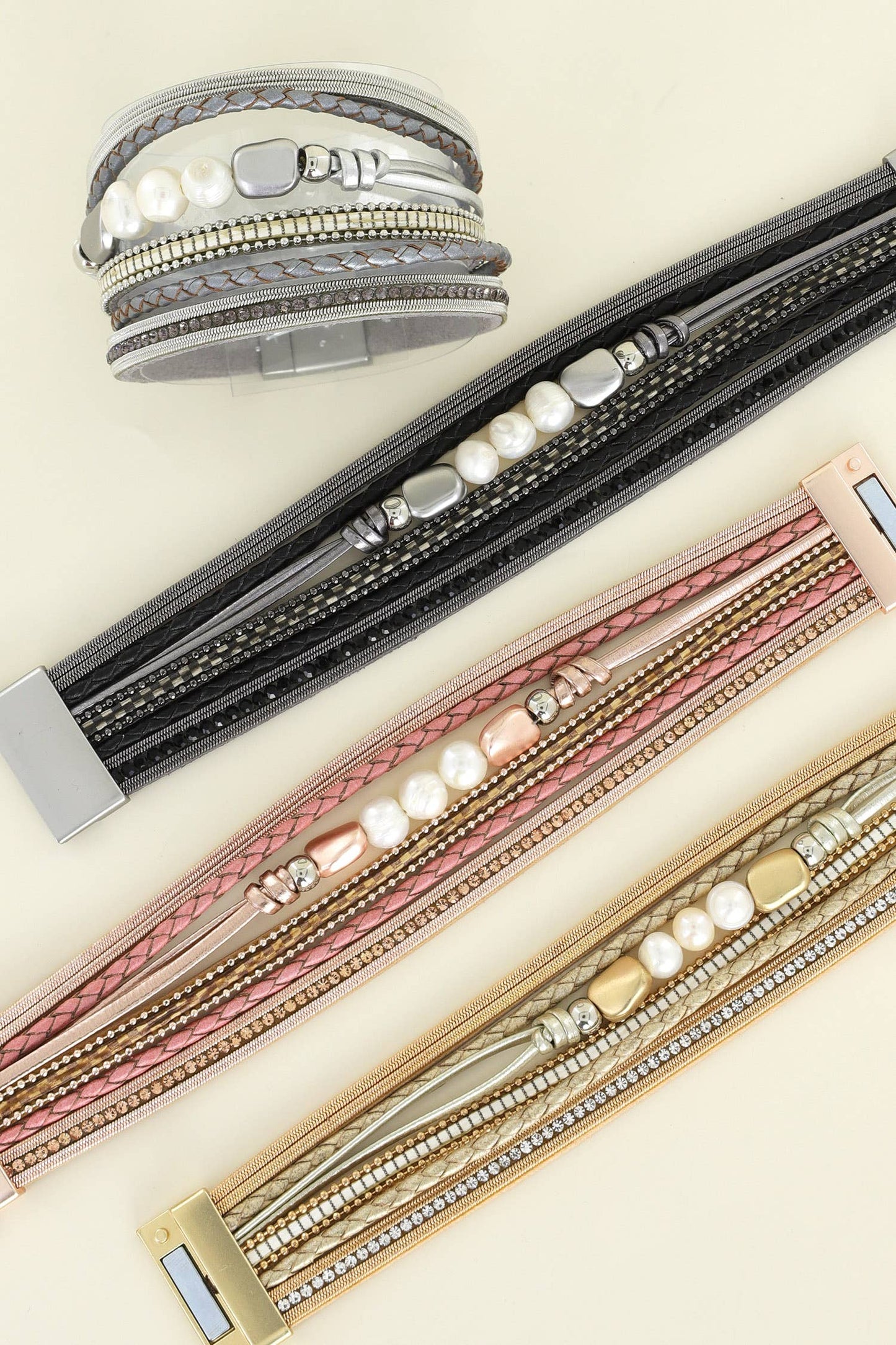 Bohemian Multistrand Pearl Beaded Wide Bangle Bracelet